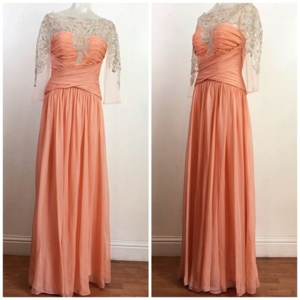 Franssical chiffon and lace peach ruched dress Gown size 8